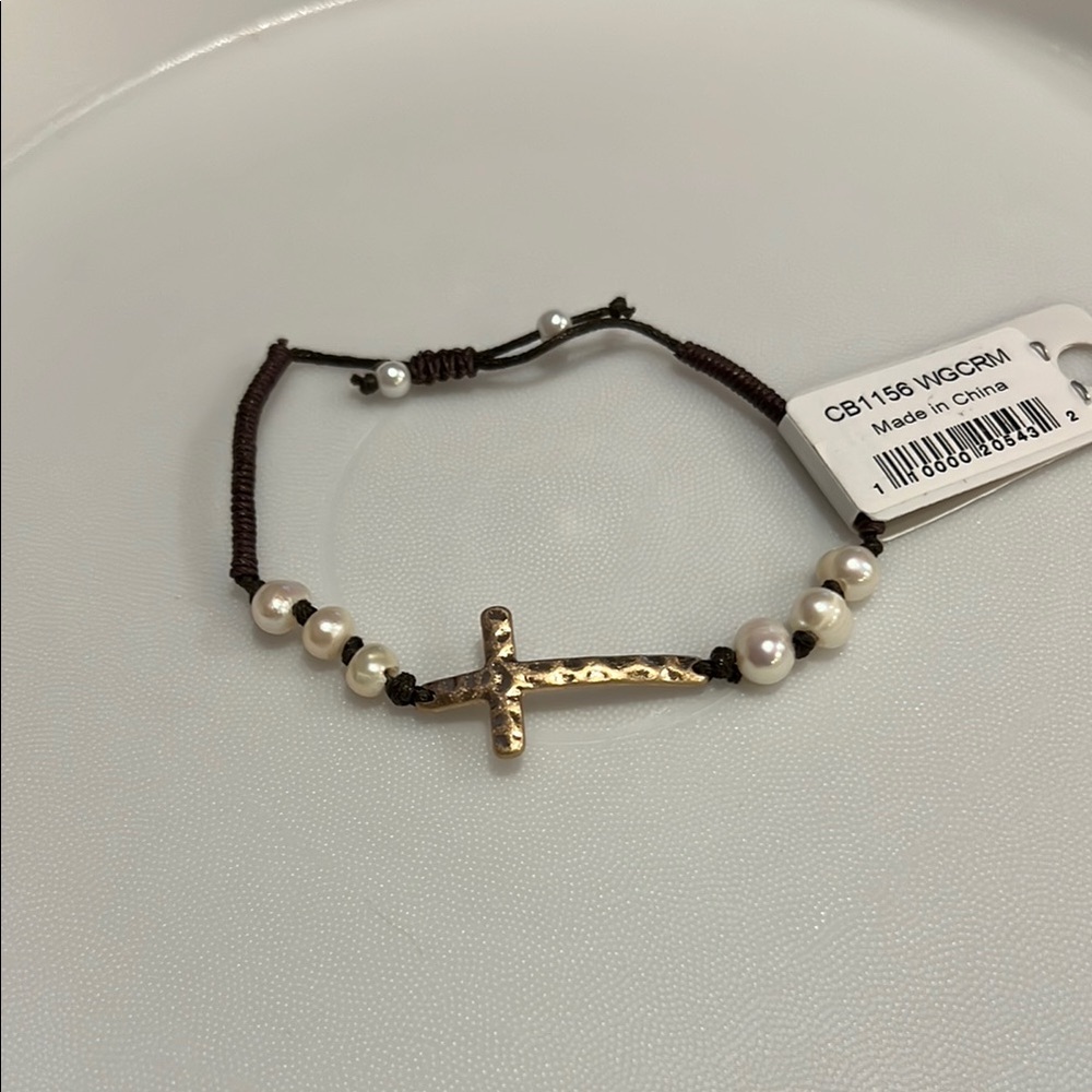 Gold and White Minimalist Cross Bracelet
